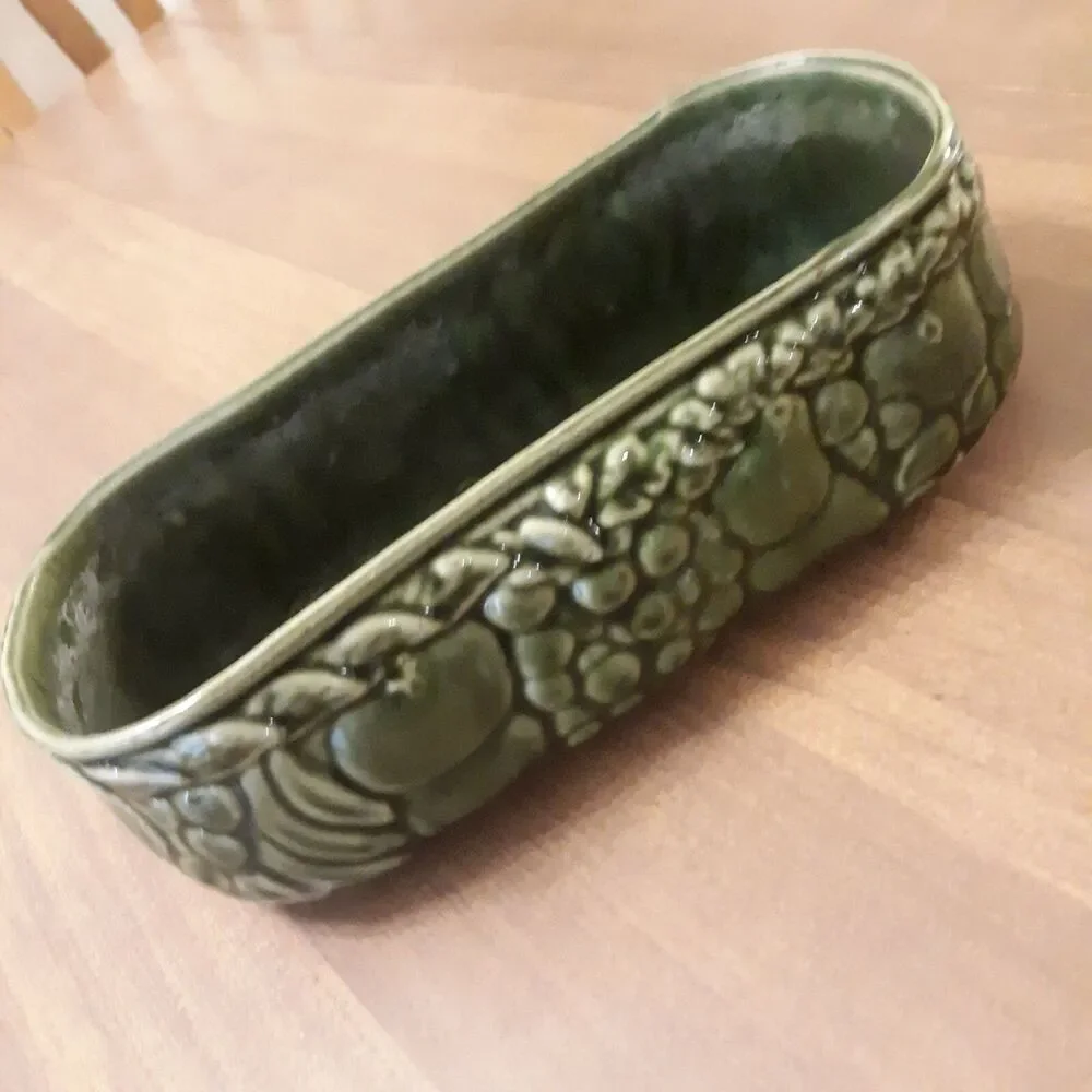 Vintage Green Ceramic Pottery Planter Raised Fruit Motif Mid Century Modern